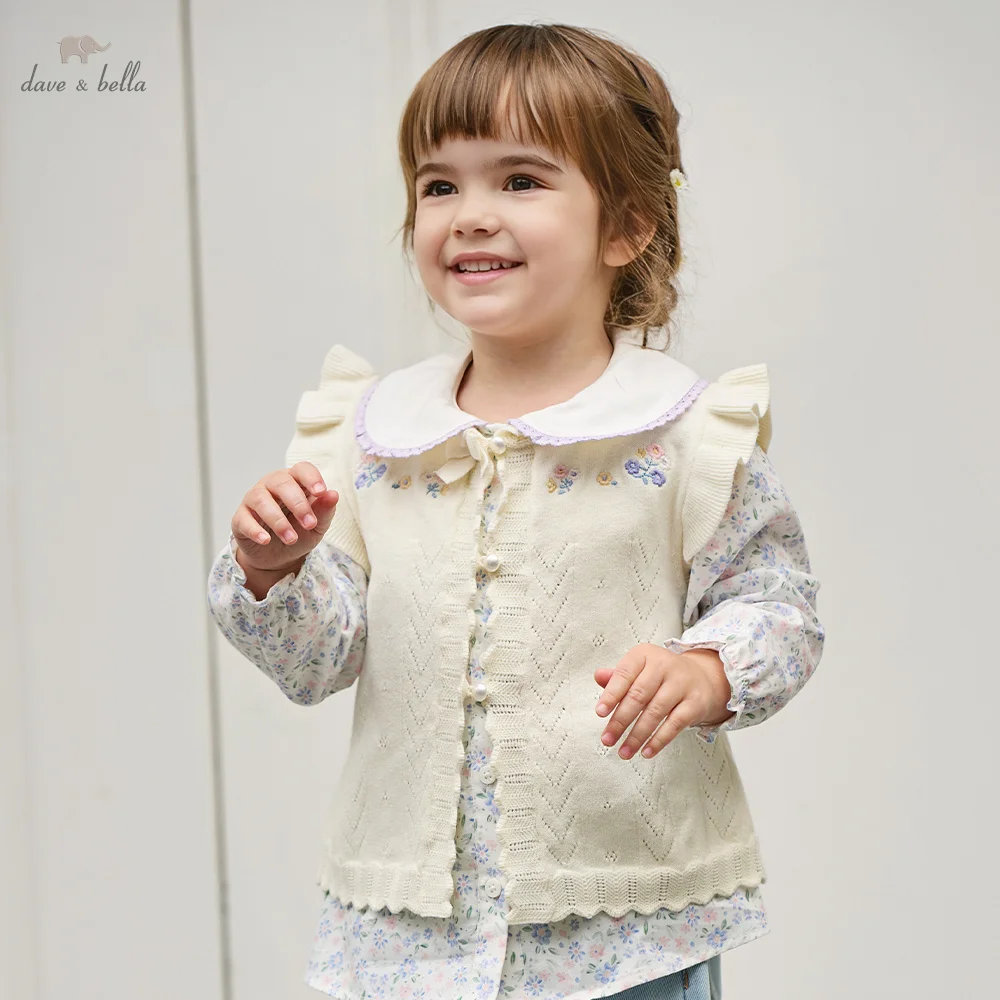 Dave Bella Sweater Vest Autumn Girls Sweet Waistcoat Sleeveless Spring Cardigan Elegant Outdoor Party Soft Lace Casual DB1260577