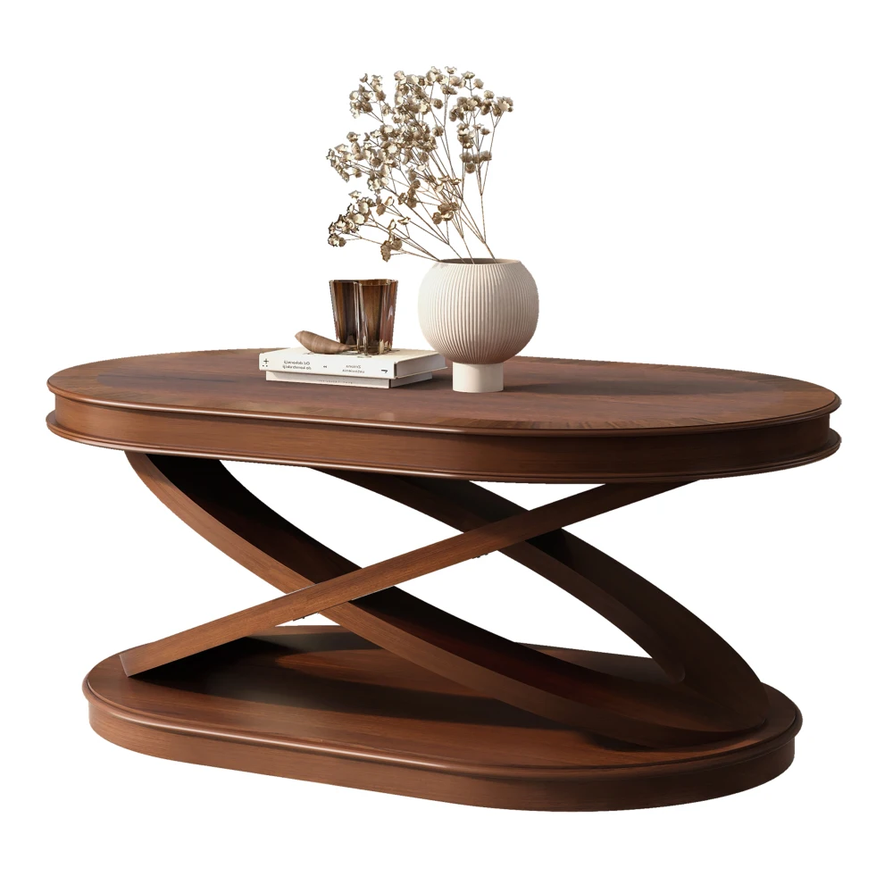 

44 Inch Walnut Wood Oval Coffee Table X-Base & Open Storage for Living Room/Home Office