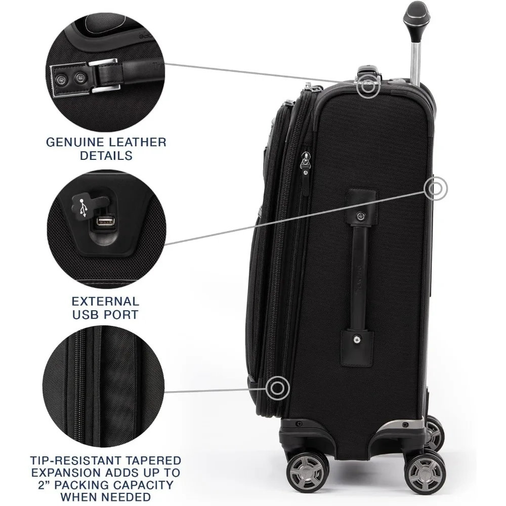 Expandable 8-Wheel Spinner Carry-On Luggage with USB Port, Unisex, Softside Suitcase, Shadow Color, Travel Companion