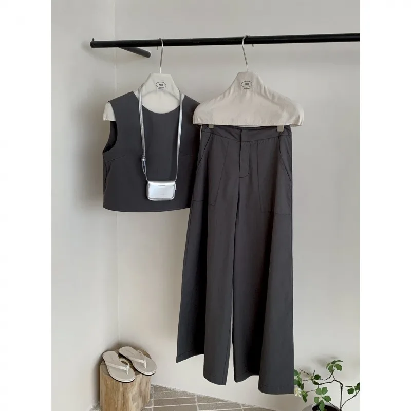 Maillard Two-piece Fashion Set for Women Fashion Womenswear New Summer American Hot Girl Casual Sleeveless Vest Wide-leg Pants