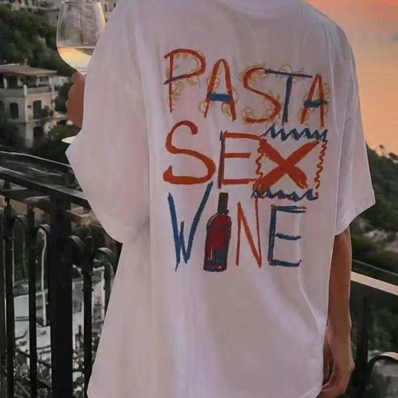 Chic Sweet Lady White Cotton T-Shirt Back Print Crayon Doodle Pasta Wine Graphic Vintage Italian Coast Vacation Loose Casual Tee