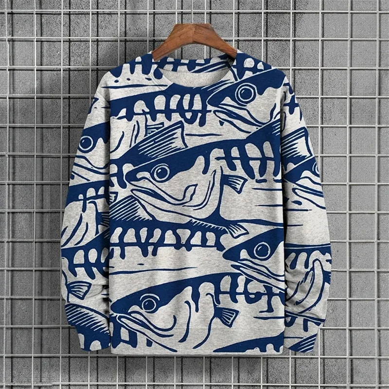 Ukiyo-e Fish Pattern Hoodie For Men Funny Animal 3D Printed Sweatshirt Autumn Long Sleeve Tops Loose Pullover Round Neck Hoodies