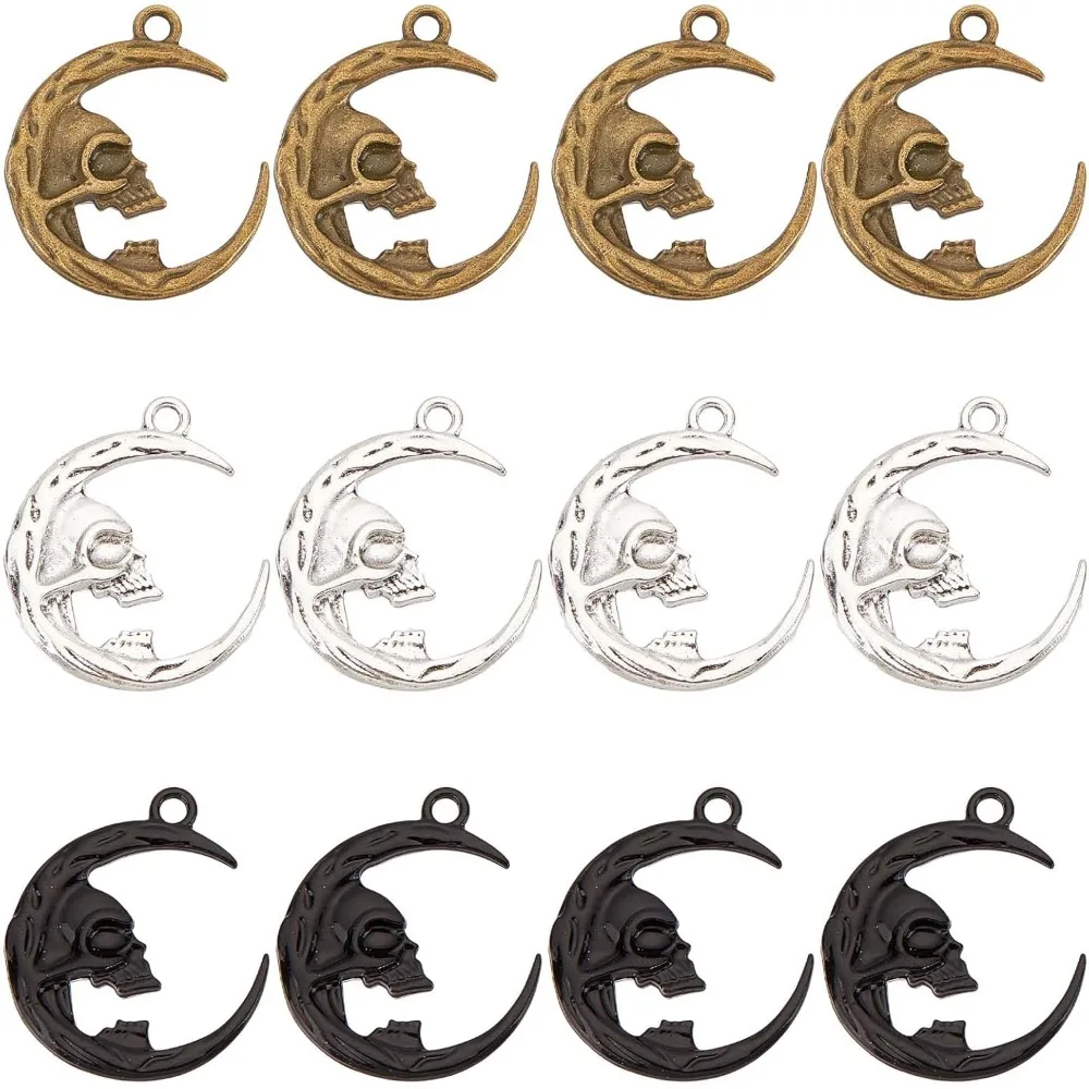 ערכת יצירה מתכתית שחורה להלווין עם 30 יחידות צ'ארמס ירח בסגנון גותי, צ'ארם גולגולת עם צדדים כפולים