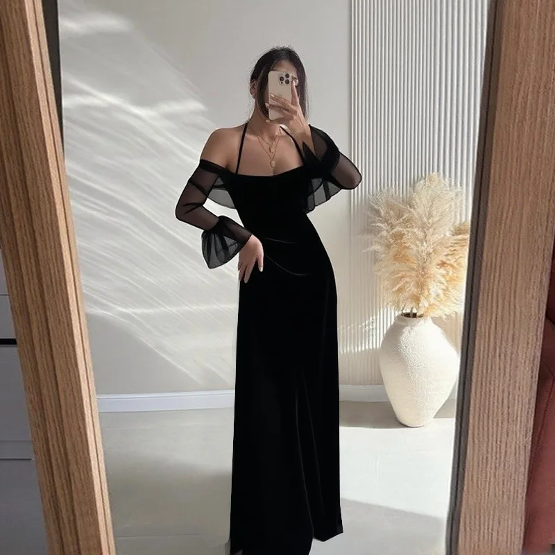 2025 New Summer Retro Elegant Black Evening Dresses Sexy Bodycon Maxi Formal Night Party Dress Women Backless Straps Prom Dress