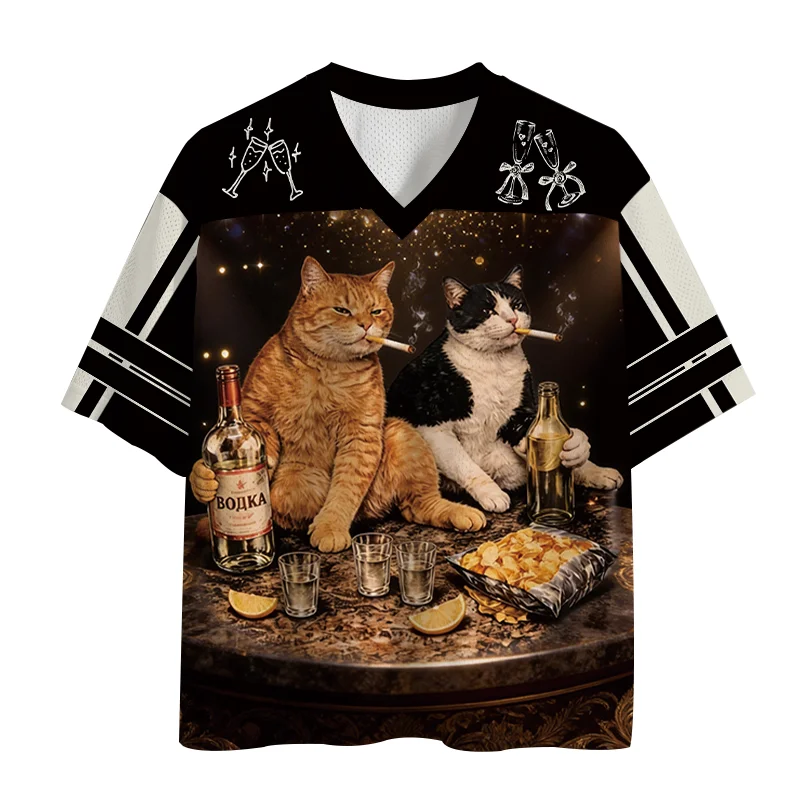 Latest Funny Party Cat 3D Printed V-neck Mesh Jersey Retro Loose Large Sports and Leisure Versatile Short Sleeve Top