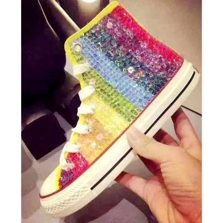 Women\'s Shoes Desigenr Bling Glitter Flats Sneakers High Casual Comfortable Non-slip Brand High Top Trend Rainbow Sequins Shoe