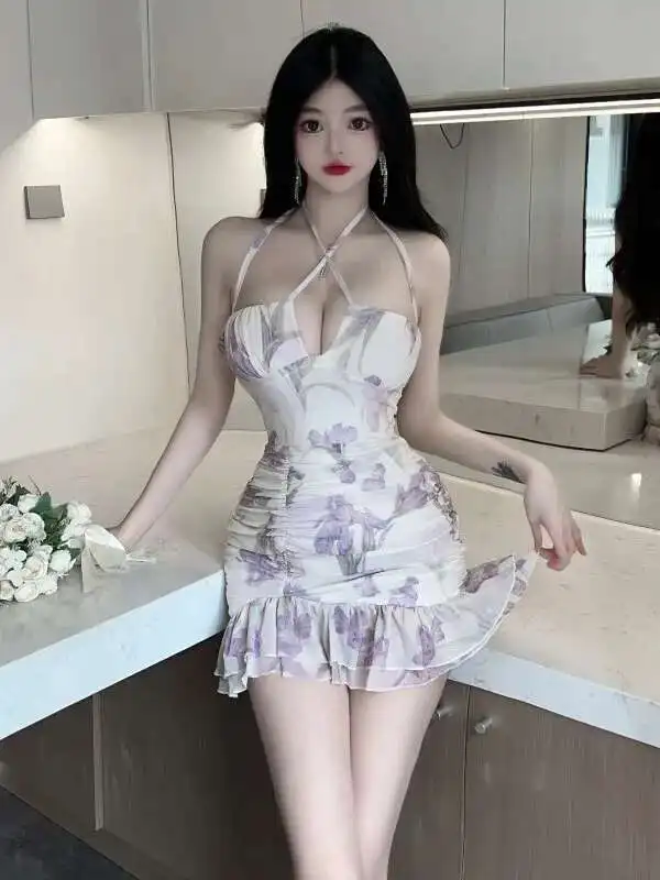 WOMENGAGA Mini Tank Kleid V-ausschnitt Sexy Spicy Girl Strap Hängenden Hals Blume Rüschen Kleid Vintage Elegante Kleider Koreanischen Stil FXQ4