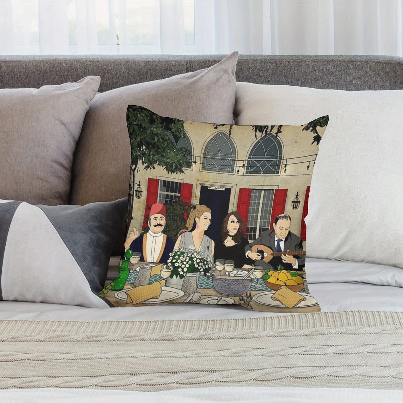1pc Lebanese Party Pillow Cover, Arabic Dining Scene & Guitarist Print, Traditional Lebanese Home Decor Cushion Case