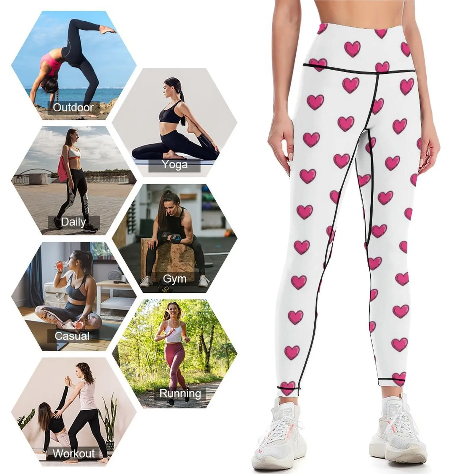 Leggings com design coração para as mulheres, calças justas para ginásio