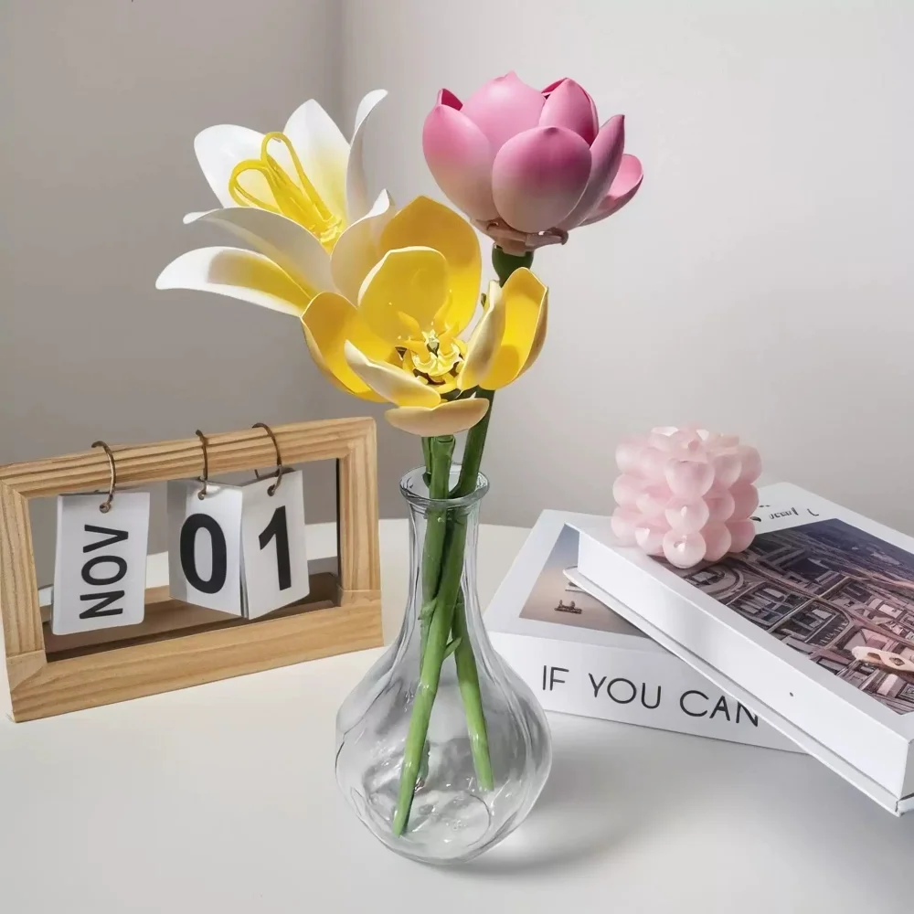 Rose Flower Building Block Toys Lotus Hyacinth Rose Sunflower Chrysanthemum Peony Enjoy Life Romantic Bouquet Home Decoration