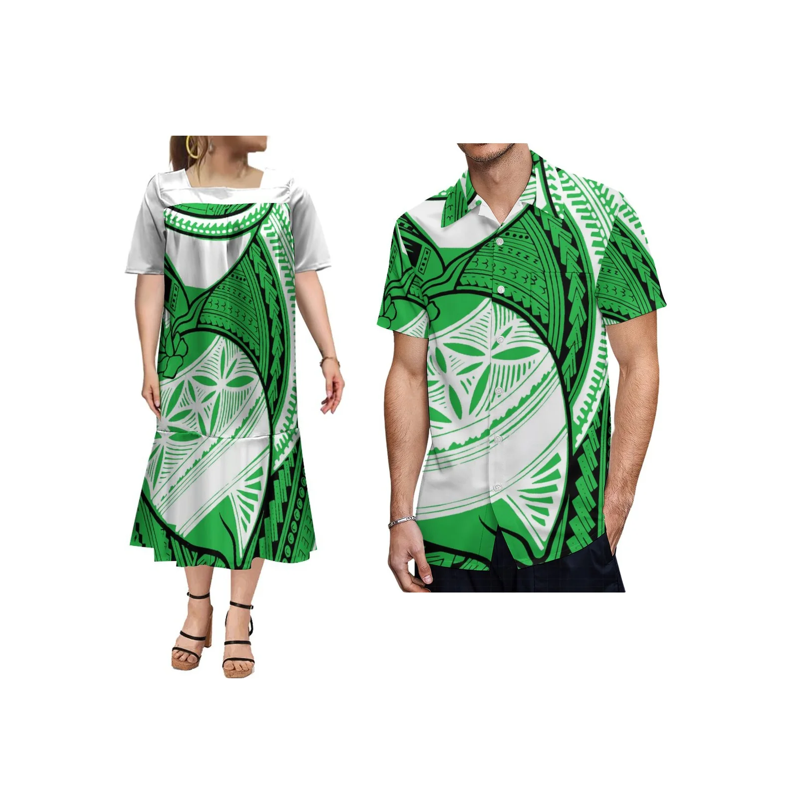 Hawaii Women's Ruffle Bottom Dress MUMU Samoan Tribe Men's Shirts Tops Customized Polynesian Island Couples Costume