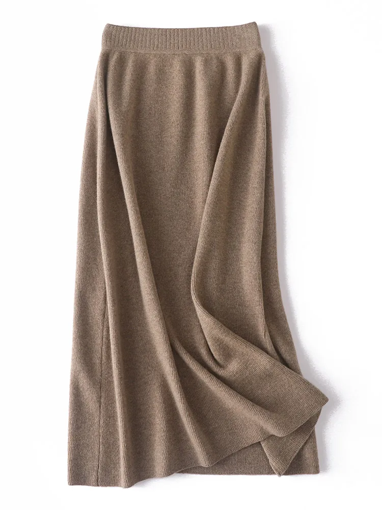 

Simple 100% Pure Wool Full Skirt Women Autumn Winter Soild High Waist Mid-calf Versatile Loose Knitted Dress Office Lady Staple