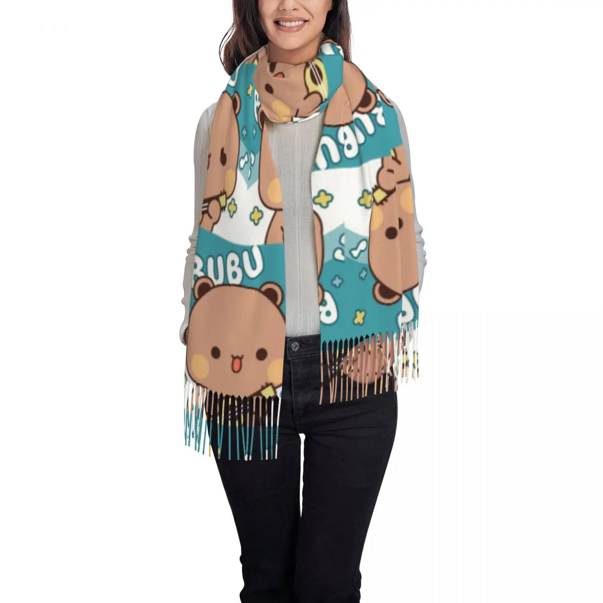 Bubu Dudu الذهاب إلى النوم الباندا والدب وشاح شرابة الأوشحة النساء شالات دافئة لينة ويلتف كبير الخريف الشتاء شال التفاف