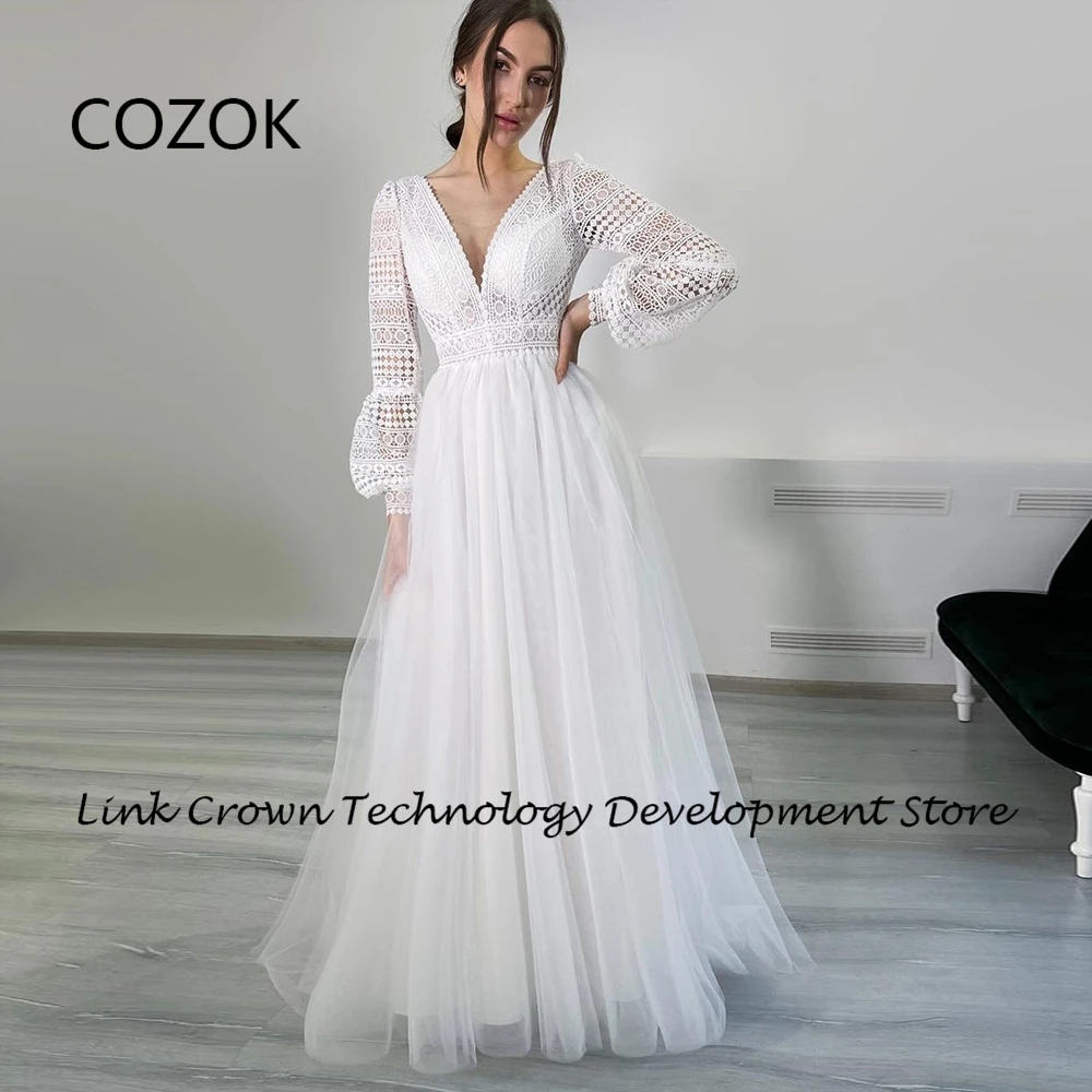 COZOK White Strapless Wedding Dresses with Lace Full Sleeve Bridal Gowns 2024 Soft Tulle Gorgeous Vestidos De Novia New Summer