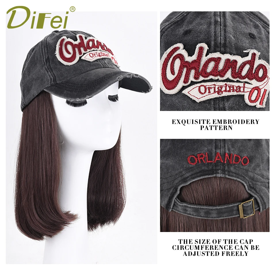 DIFEI Synthetic Wigs Hat Hair Extensions Mid long Hair Wigs Connect Baseball Cap For Women Spring Summer Hat Wig Adjustable Cap