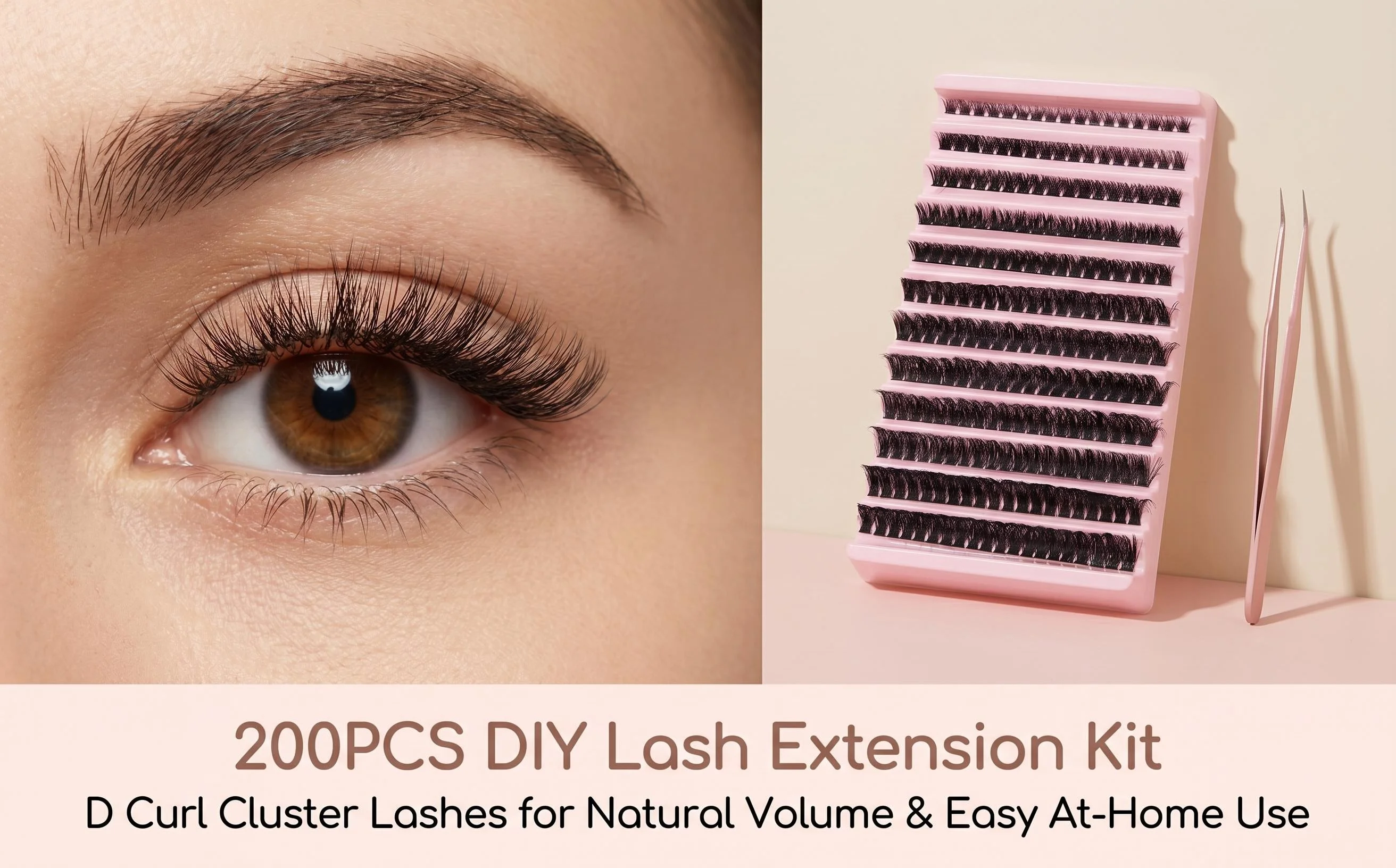 200pcs DIY Lash Extension Kit - D Curl Cluster Lashes with Applicator Tools for Natural Volume & Effortless At-Home Application