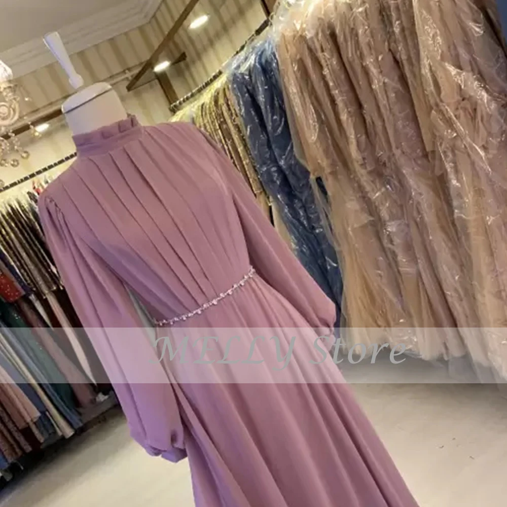 Klassische Abendkleider Für Frauen Hohe Kragen Voll Sleeves Zipper Prom Kleider Chiffin A-Line Bodenlangen فساتين سهره فاخرة طويلة