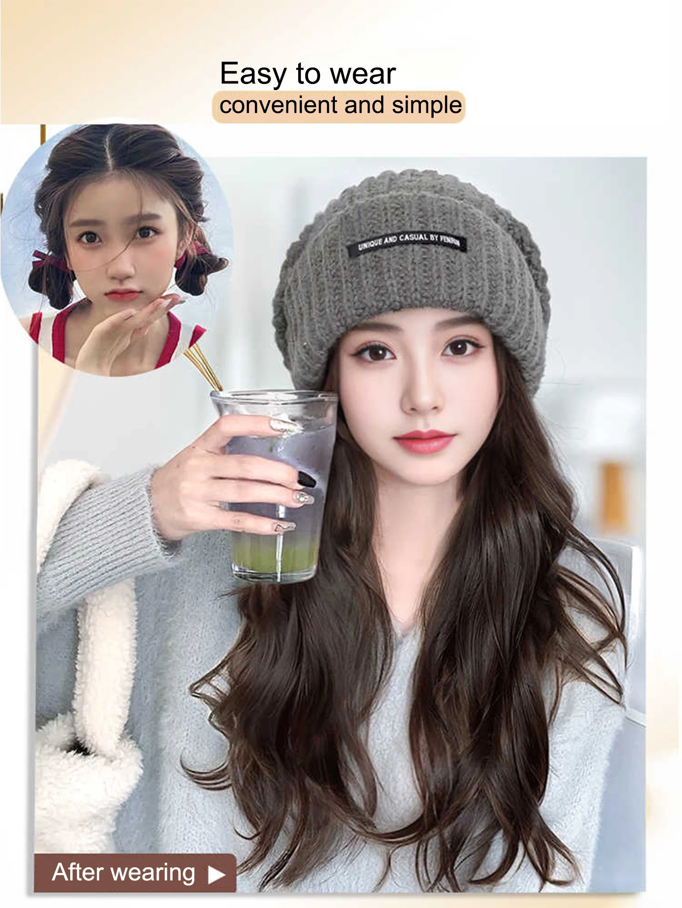 BEAUTYENTER Synthetic Hat Wig For Women With Long Hair Fashionable Autumn And Winter Warm Wool Knitted Beanie Curly Hair Wig Hat image 2