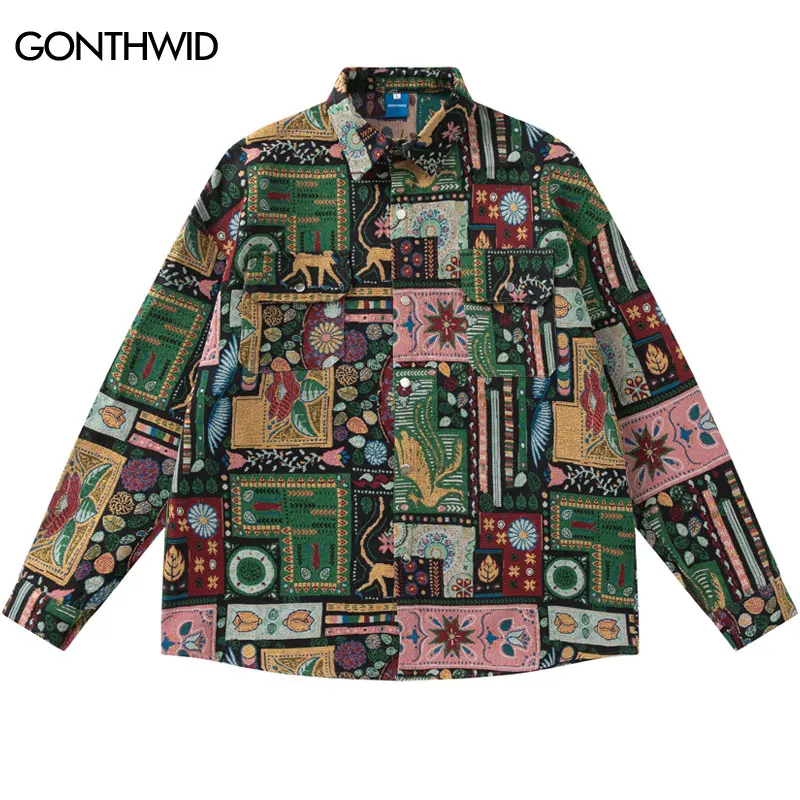 Men Vintage Thick Shirt Coat Y2K Hip Hop Retro Floral Pattern Patchwork Button Shirts Harajuku 2023 Fashion Loose Button Shirt