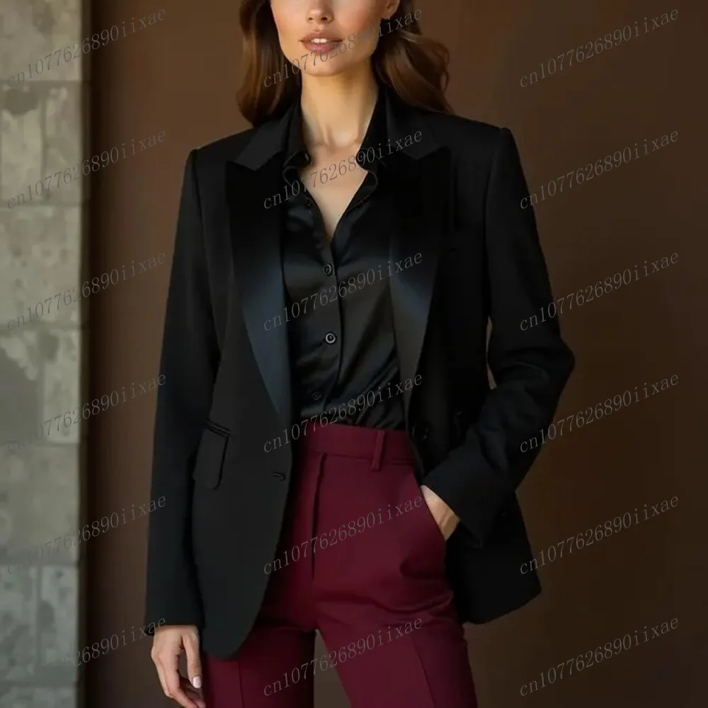 

New Black And Burgundy Women Suits Lady Business Office Tuxedos Mother Wedding Party Formal Ladies 2 Piece Set Jacket Pants