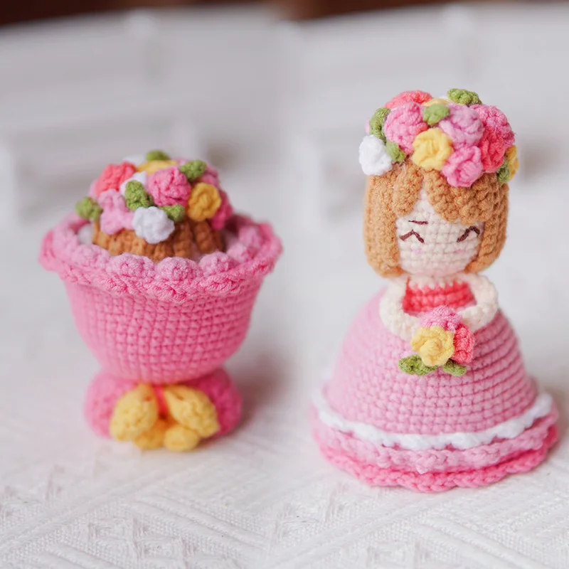 Handmade Crochet Crossdressing Bride Doll Knitted Finished Flower Bouquet Decoration Girls Birthday Gift Knitting Keychain