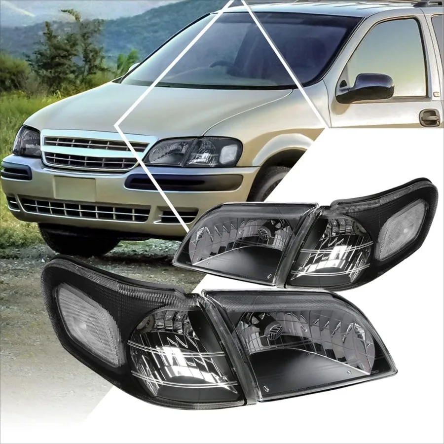 

[4Pcs-Set] Headlights Assembly+Corner Lamps Compatible with 97-05 Chevy Venture Montana,Black Housing/Clear Corner
