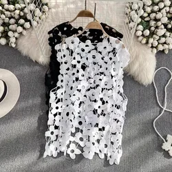 Korean Style Hollow Out Crochet Floral Vest Women Summer Holiday Beach Boho Cover-Up Fashion Ladies Casual Black White Tank Top