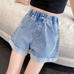 Neue Sommers horts für Mädchen Baumwolle Teenager-Jeans hose Mode Kinder elastische Taille atmungsaktive Shorts Kinder kleidung 8 10 12 14y