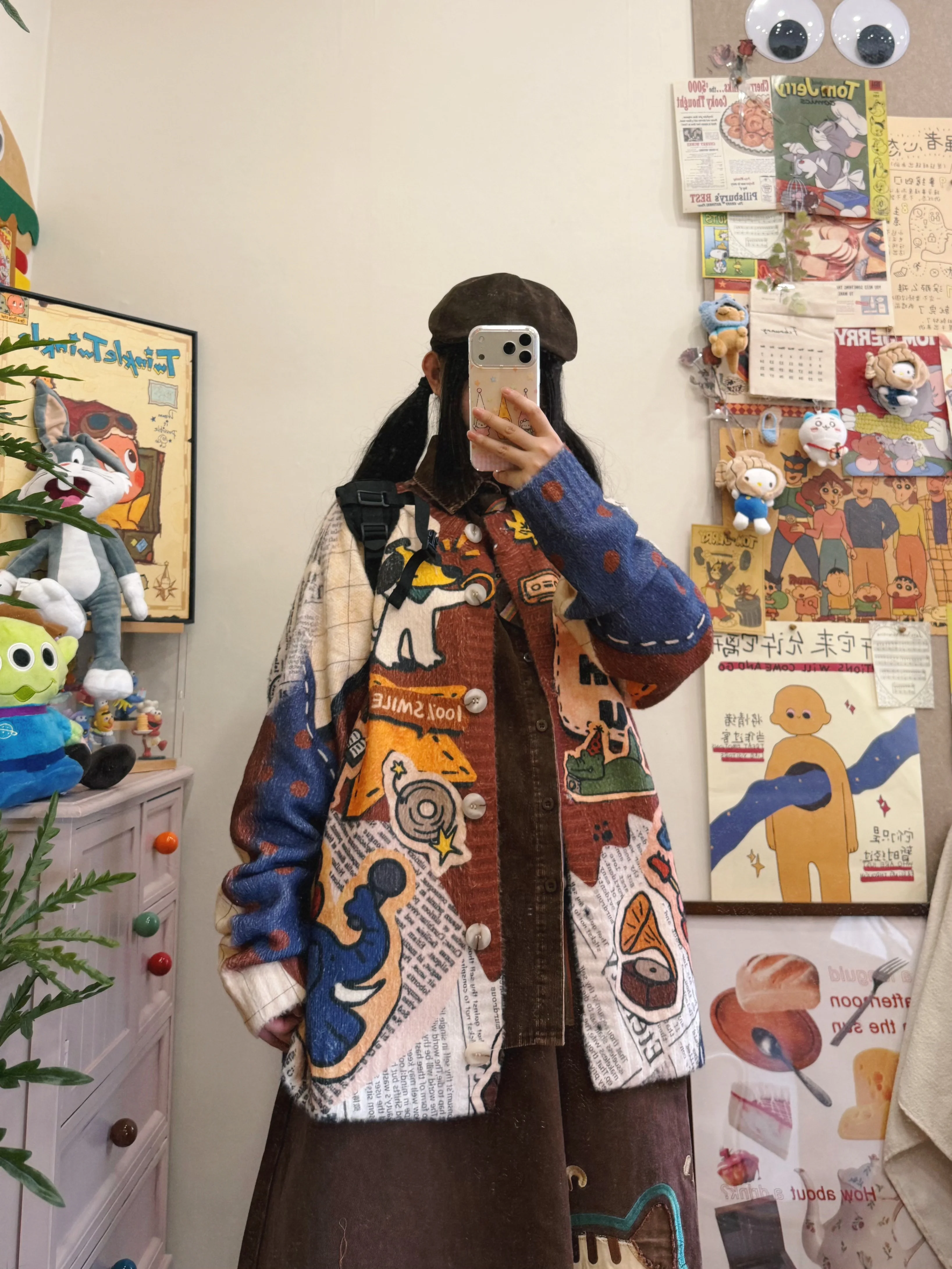 BIBULU Original Retro Lazy Cartoon Animal Print Open Cardigan Sweater Outerwear Autumn Winter New Large Size Street Style Wom...