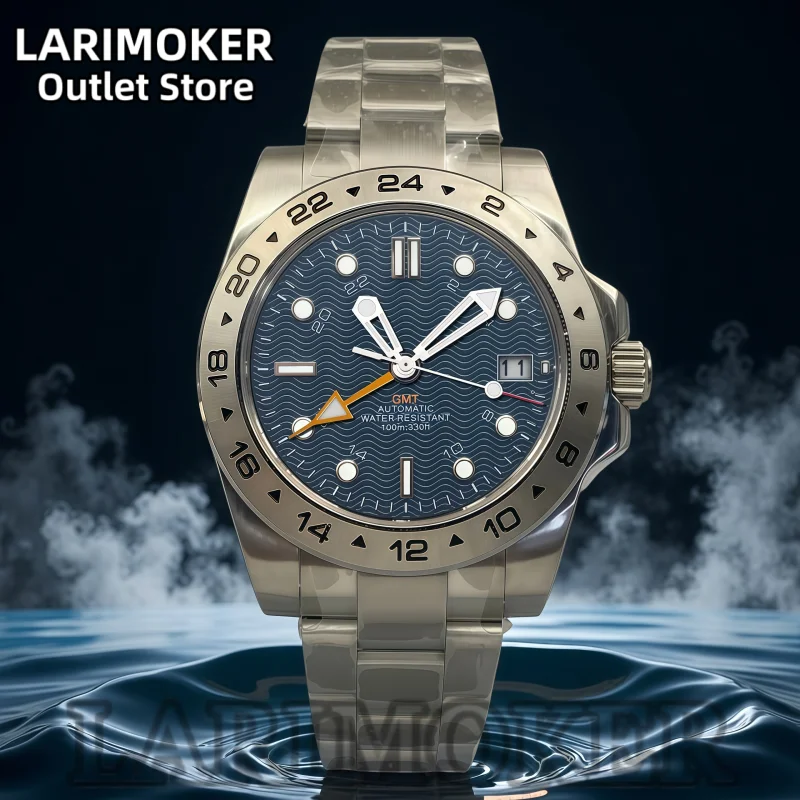 

LARIMOKER 40mm 43mm Men's Automatic Mechanical Watch Adopts NH34 GMT Movement Blue Wave Dial Green Luminous Sapphire Glass