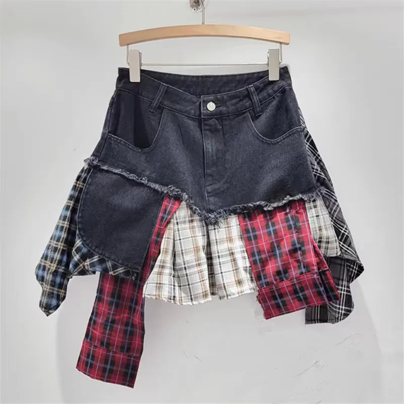 

SuperAen Korean Style Plaid Splicing Denim Skirt Women's Irregular Skirt Retro Street Skirt