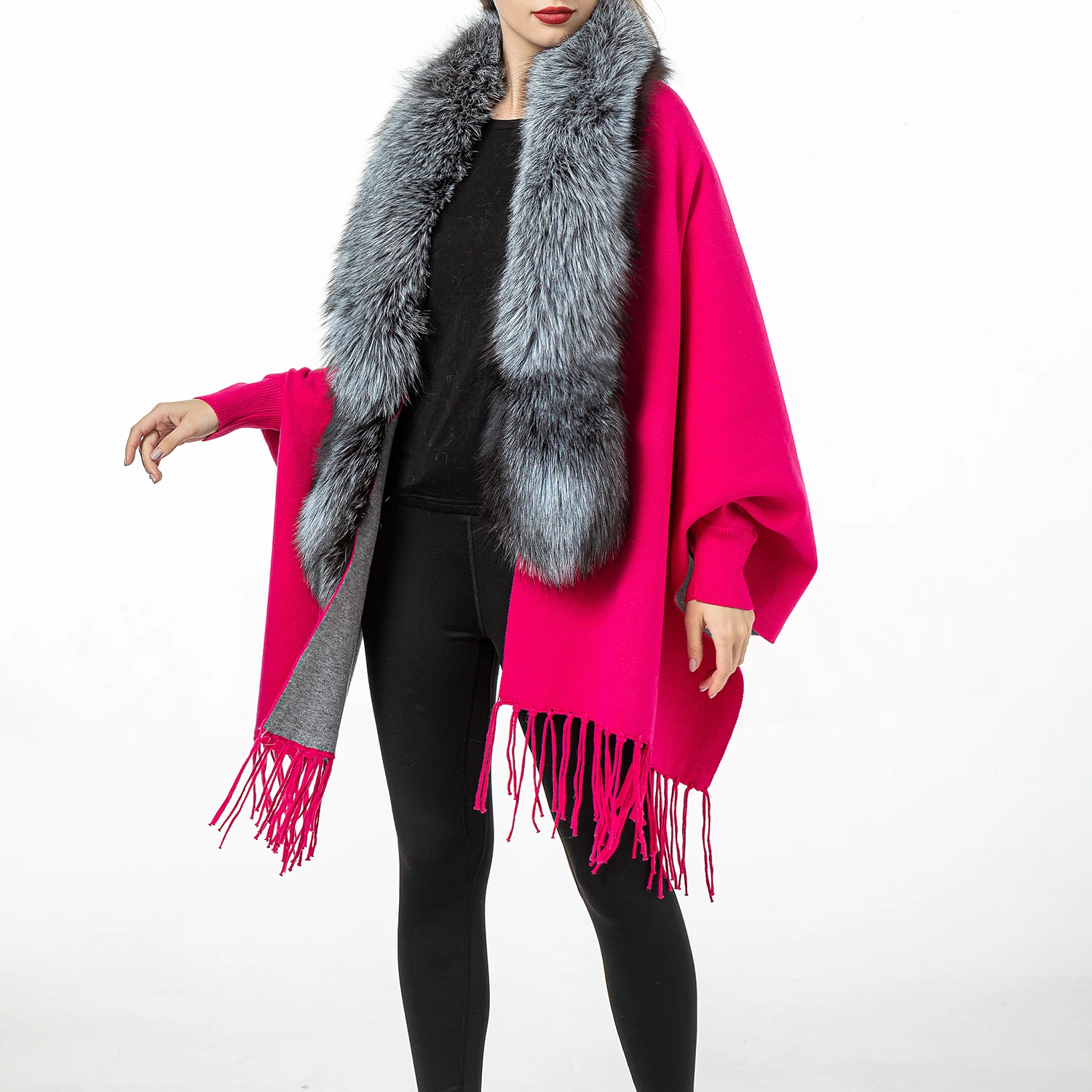 Real Fox Fur Collar Shawl for Women, Cape Stole with Cuff and Tassels, Hot Pink Pullover, Scarves 210914