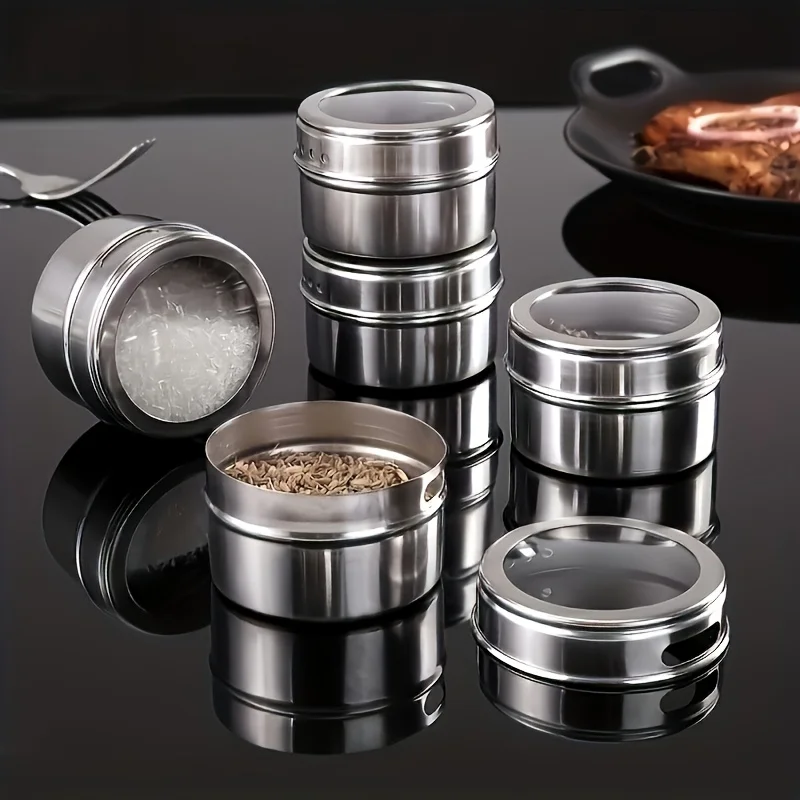 

New Stainless Steel Magnetic Wall Mounted Spice Jar Transparent Kitchen Storage Box BBQ Seasoning Container