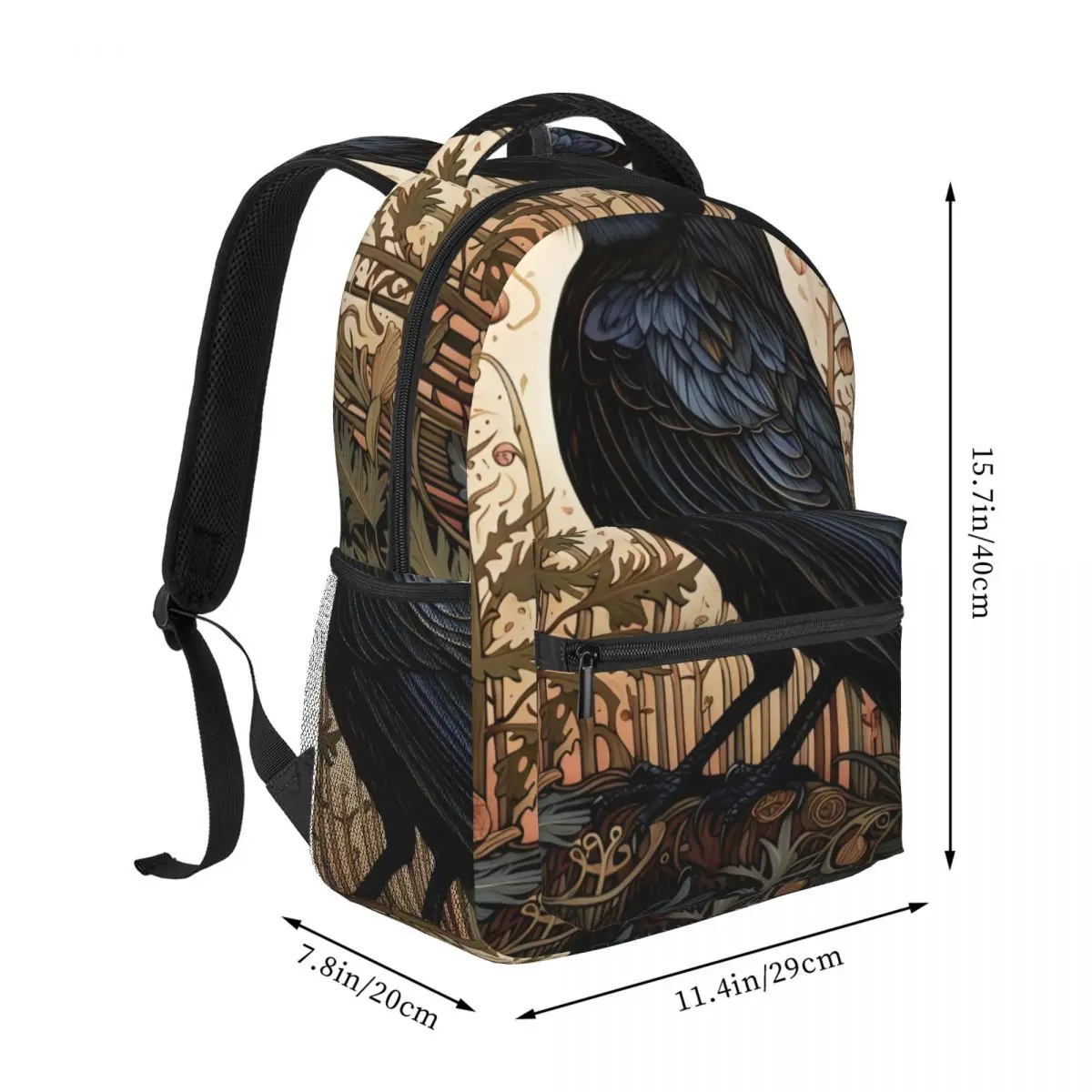 Gothic School Backpack Center Raven Arts Crafts Flowers Leaves Arts And Crafts Botanical Black Streetwear Bookbag for Teens Cool