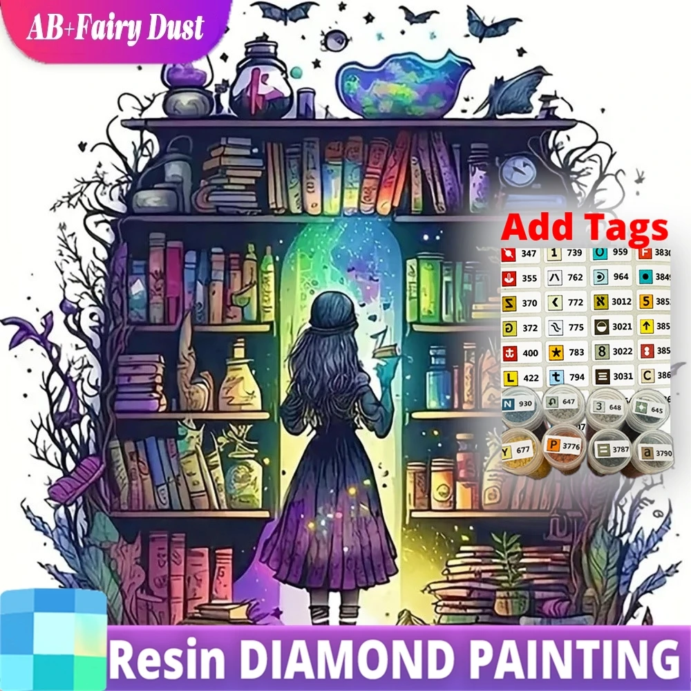 

AB Fairy Dust Resin Diamond Mosaic Bookshelf Landscape Cross Stitch Kits DIY Cartoon Diamond Painting Girl New Collection Handma