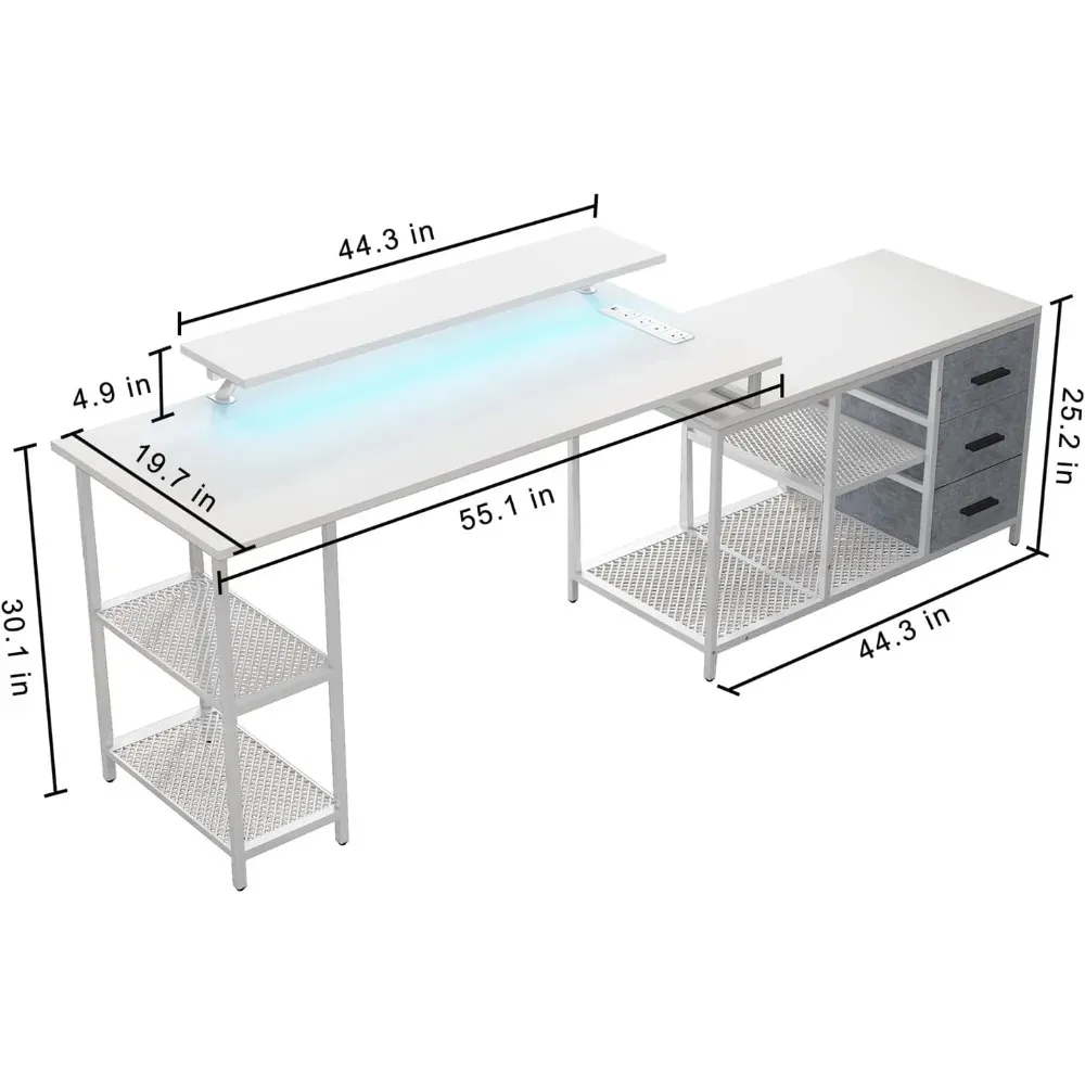 L-shaped Computer Desk with 3 Drawers with Power Socket and Monitor Stand with Storage Shelf with LED Light, White