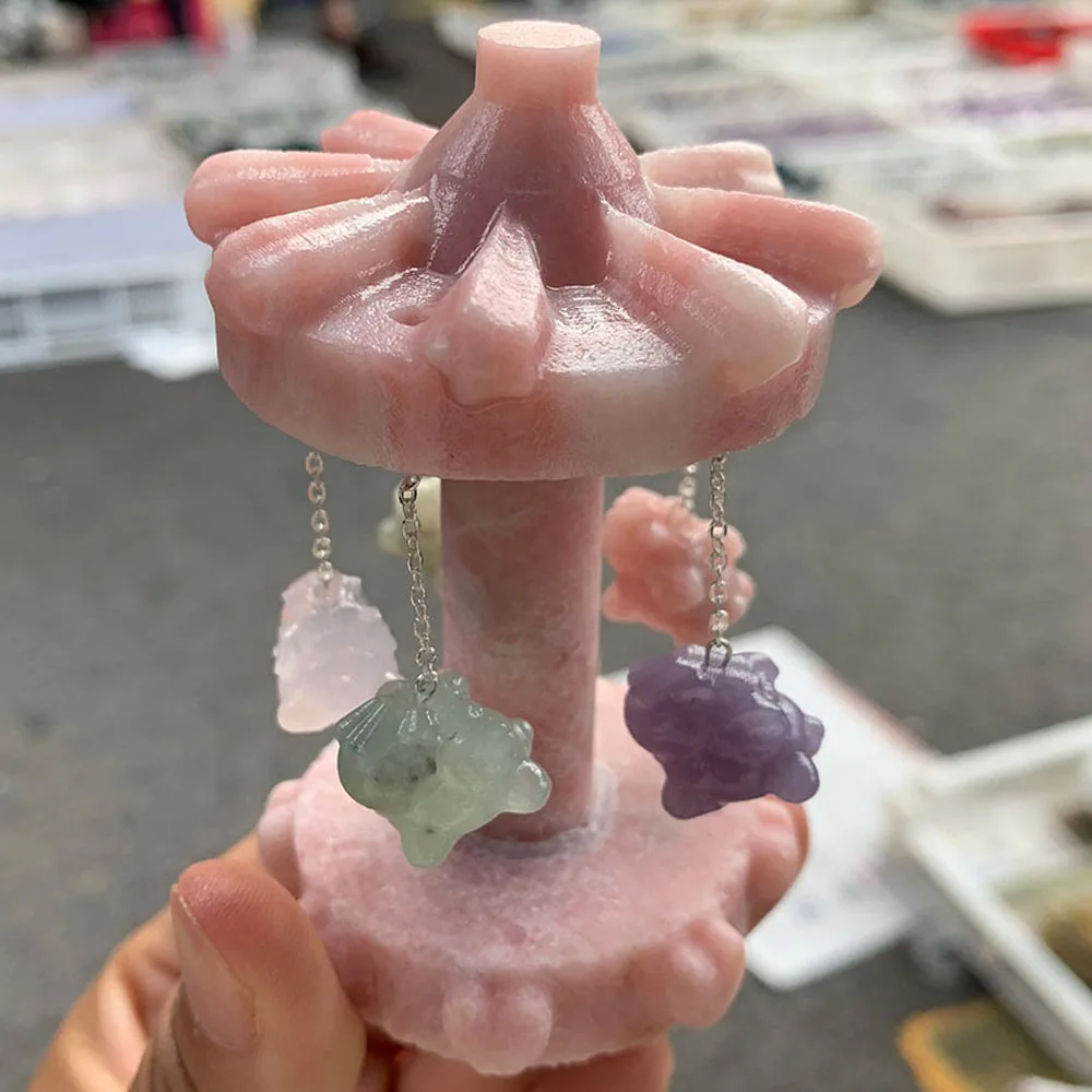 Custom Natural Pink Opal Crystal Carousel Figurine Handcrafted Gemstone Rotating Carousel Decor with Hanging Mini Animal Pendant