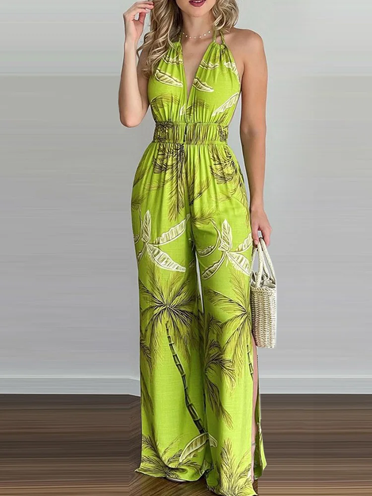 Tropical Print Slim Waist Sexy Backless Slit Leg Jumpsuits Women Summer Rompers