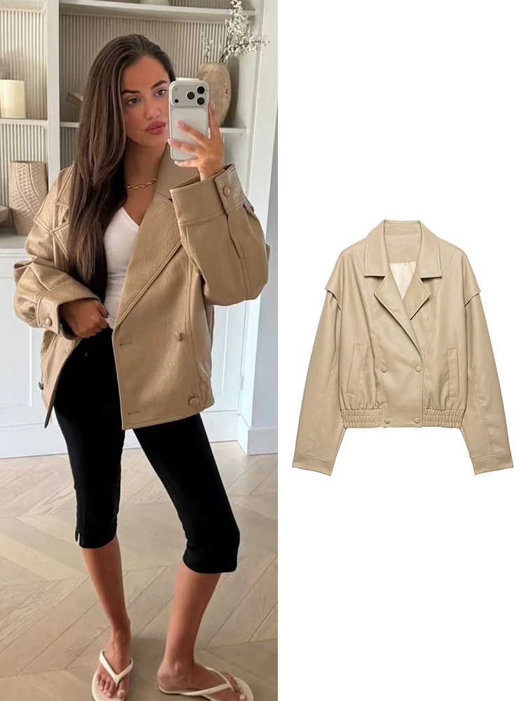 TFMLN New Lapel Casual Women PU Coat Double Breasted Faux Leather Jacket Fashion Elastic Hem Loose Fit Street Jackets 2026