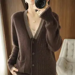 V-neck Knitting Cardigan Coat Women Autumn Winter Elegant Trend All-match Knitwear Tops Office Lady Simplicity Loose Sweater