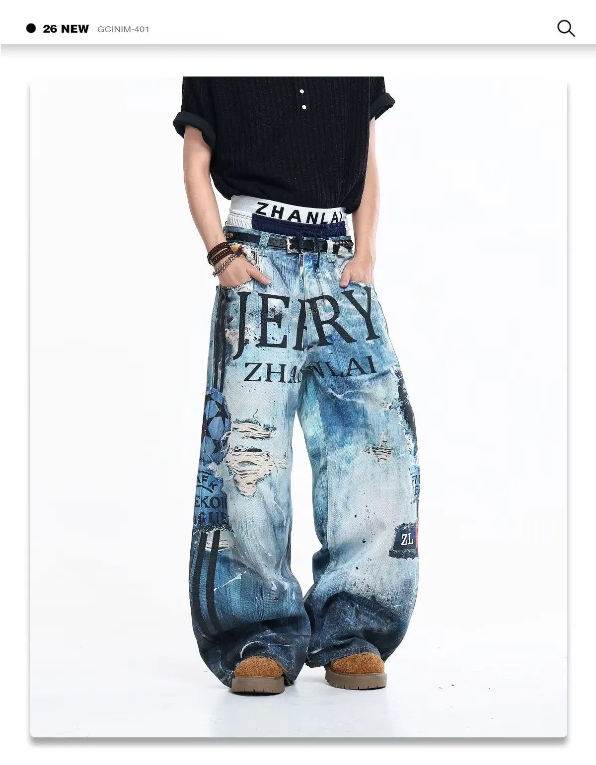 American Street Destruction Style Embroidered Denim Pants Oversized Retro Wash Personality Fashion Loose Casual Wide Leg Jeans