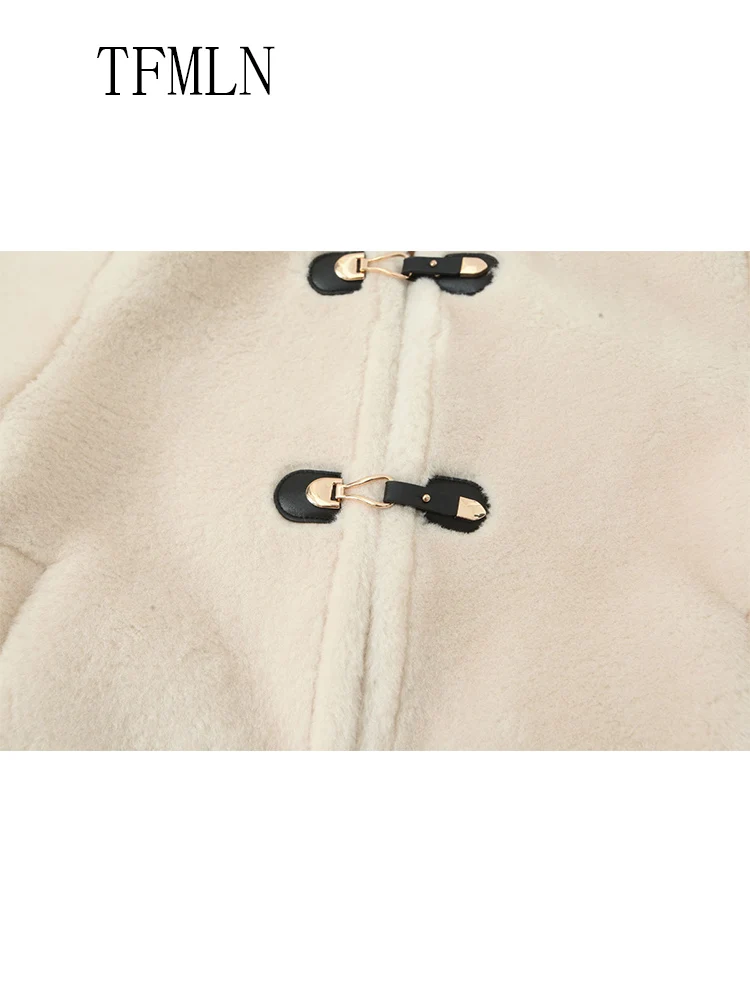 TFMLN 2025 冬 レディース フェイクファー 暖かいジャケット ファッション 長袖 シングルブレスト ラウンドネック コート シック レディース ストリートウェア トップス