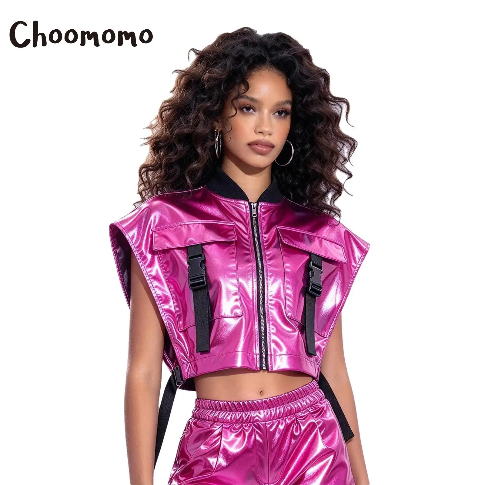 Women Sides Open Metallic Vest Disco Jazz Dance Waistcoat Sleeveless Zipper Shiny Jacket with Buckle Pockets Stage Performance