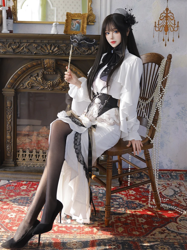 

Original White Gothic Lolita Dr Set with Sa Ele Tail Skirt Court Sle Women's Spring Autumn Faionable Cosplay Cos...