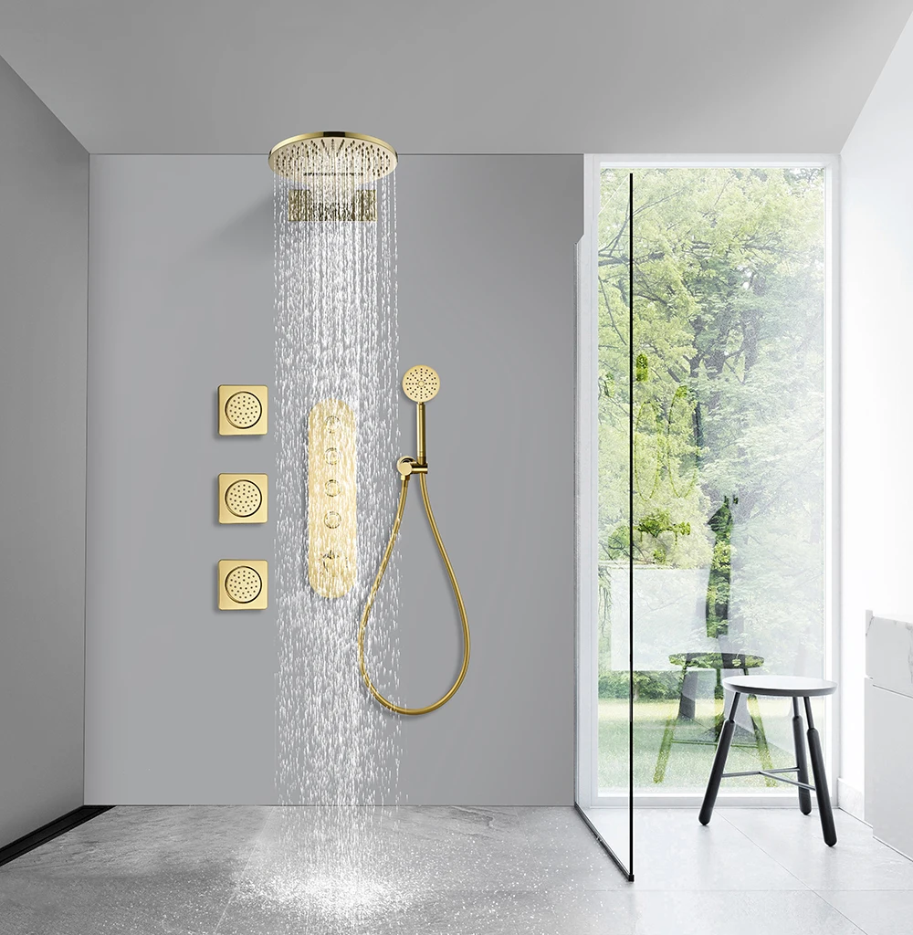 Gold and Black Copper Concealed Thermostatic shower Faucet , Four Functions, Round Design, Three Wall Sprays