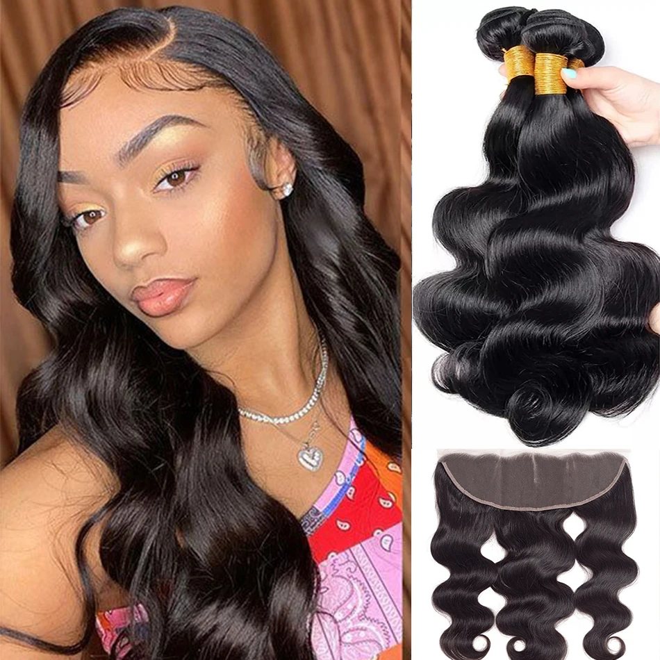 28 30 Inch Body Wave Bundles with Frontal Brazilian Human Hair 3 4 Bundles with 13x4 Lace Frontal 100% Unprocessed Hair Weave