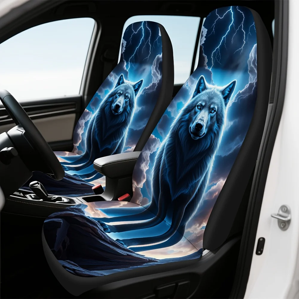 2pcs Compatible For SUV Sedan Truck Fit Car Seat Covers - Fantasy Wolf Mountain Landscape With Wolf & Forest Design, Machine-Was