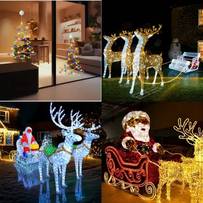 Christmas LED lighting wrought iron large reindeer ornament Santa sled landscape outdoor scene decoration with luminous