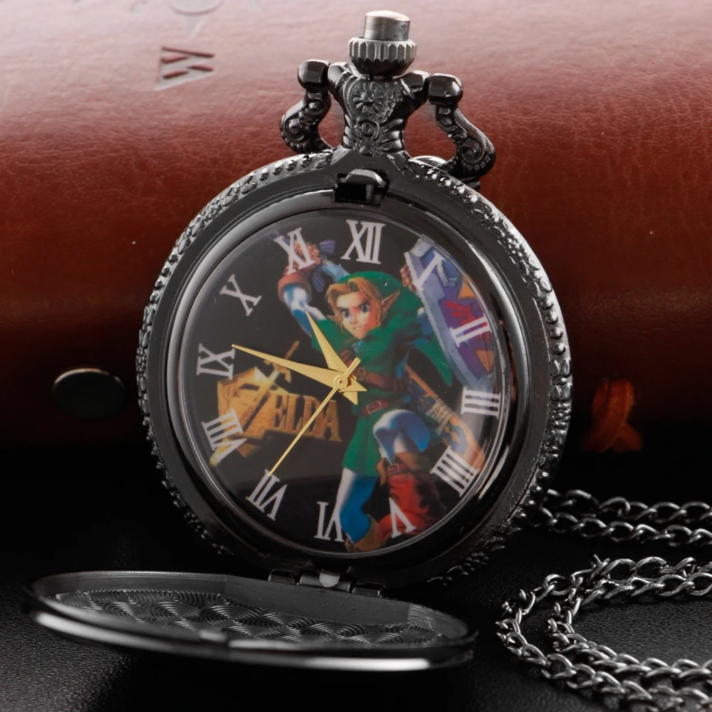 Black Classic Game Pattern Roman Digital Quartz Pocket Watch Vintage Case Necklace Pendant Clock Chain Men's Women's Gift