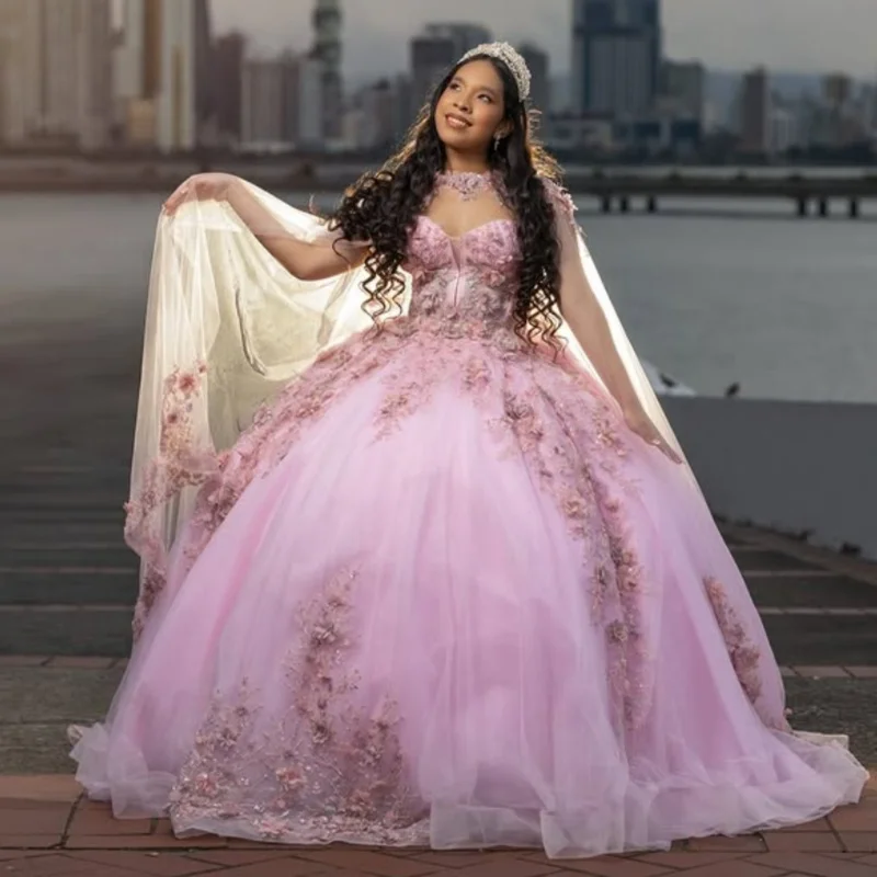 

Pink Quinceanera Dress Crystal Glitter 3D flower Decal off-shoulder Lace Long tail Bow Vestidos De 15 Quinceanera ﻿Customize